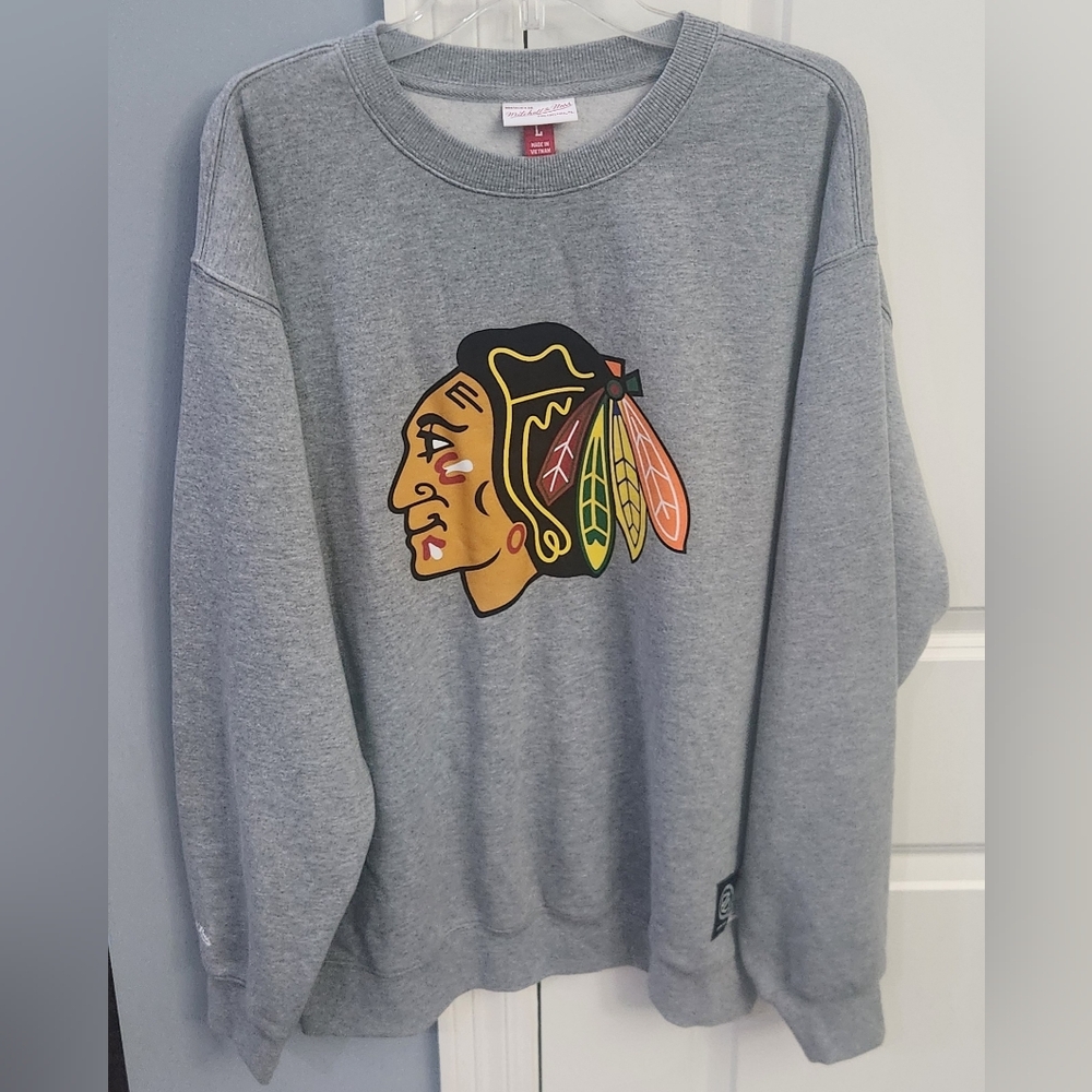 Mitchell And Ness Chicago Blackhawks Mens Gray Crewneck Sweatshirt Size Large